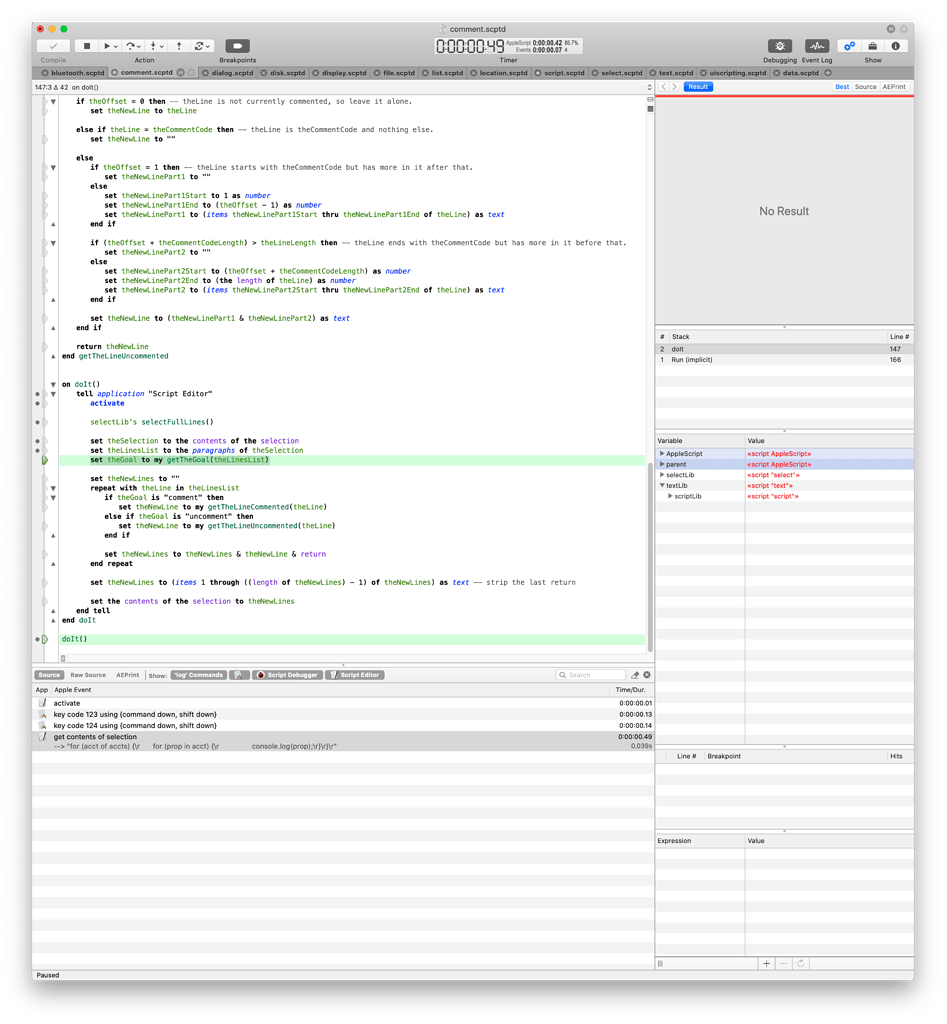 Consistently "No Result" - Script Debugger - Late Night Software Ltd.
